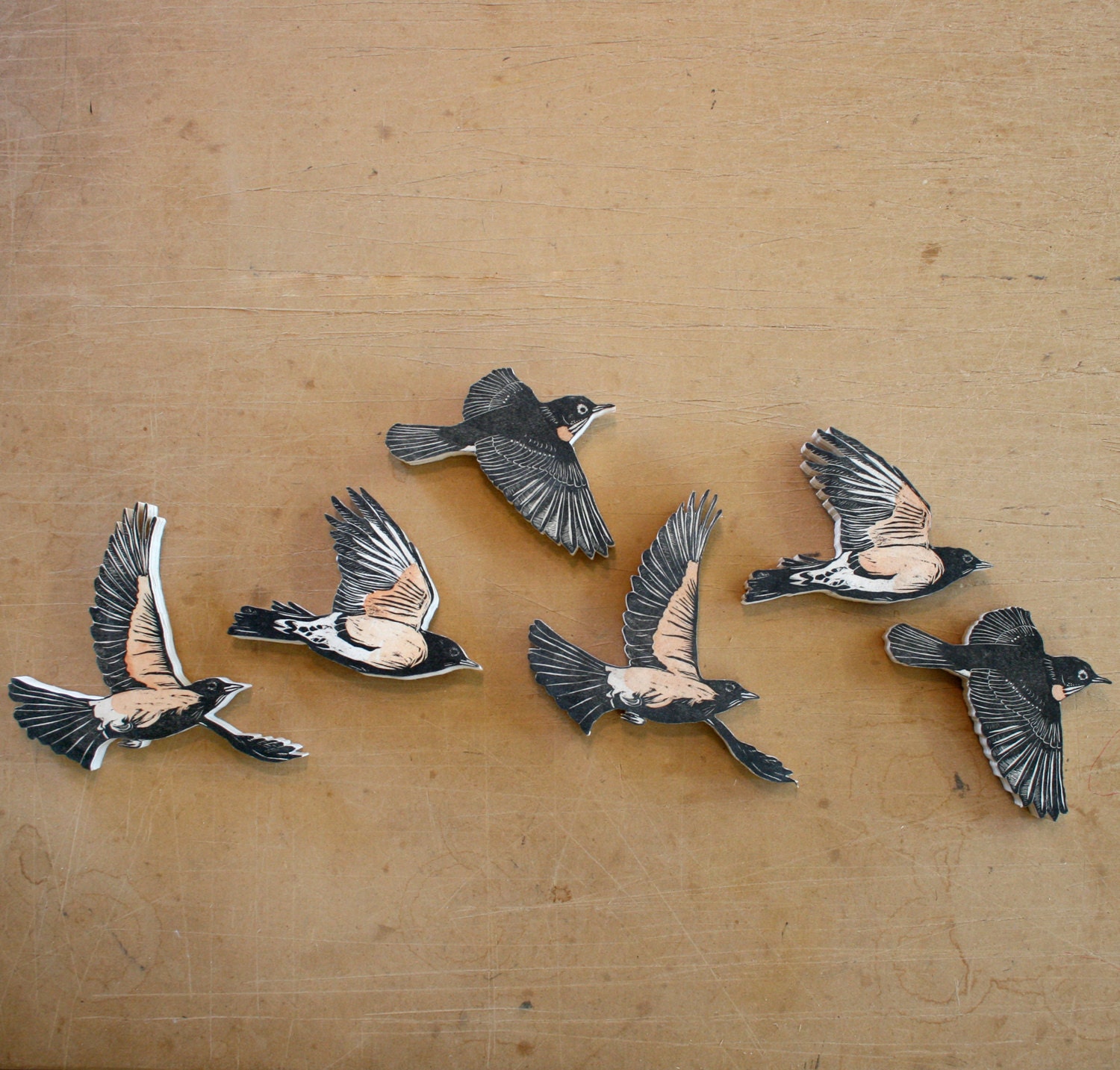 Set of 6 Robin Birds Woodcut Sculpture Prints - friendsmakeprints