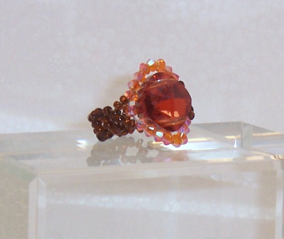 Fire Opal and Copper Swarovski Crystal Beaded Ring.