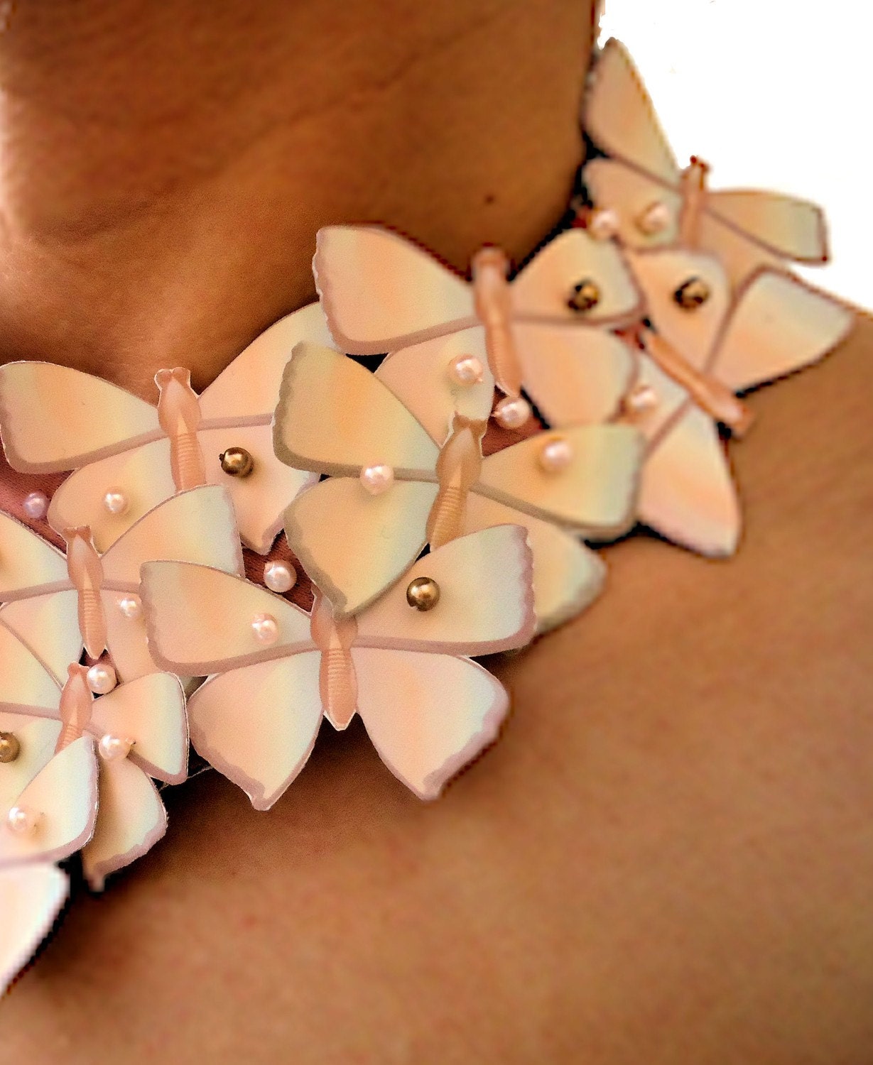 Bib Statement Necklace in Cream with Pearls and  Butterflies