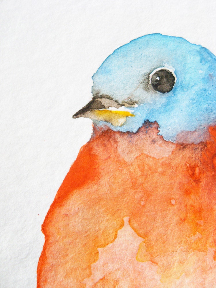 Little Orange and Blue Bird - Original Watercolor Painting