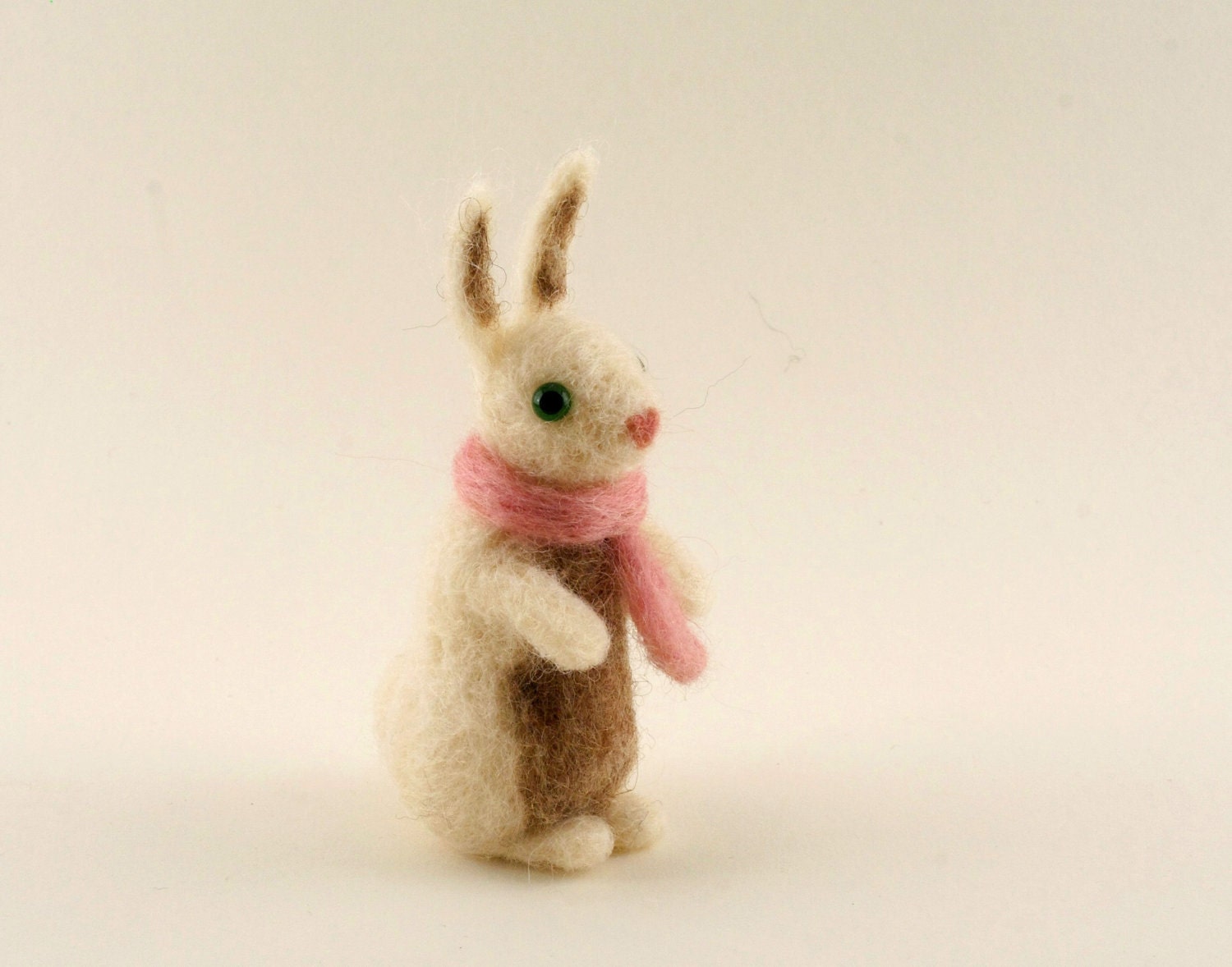 Easter Needle Felted Miniature Bunny Rabbit Ivory with Pink Scarf