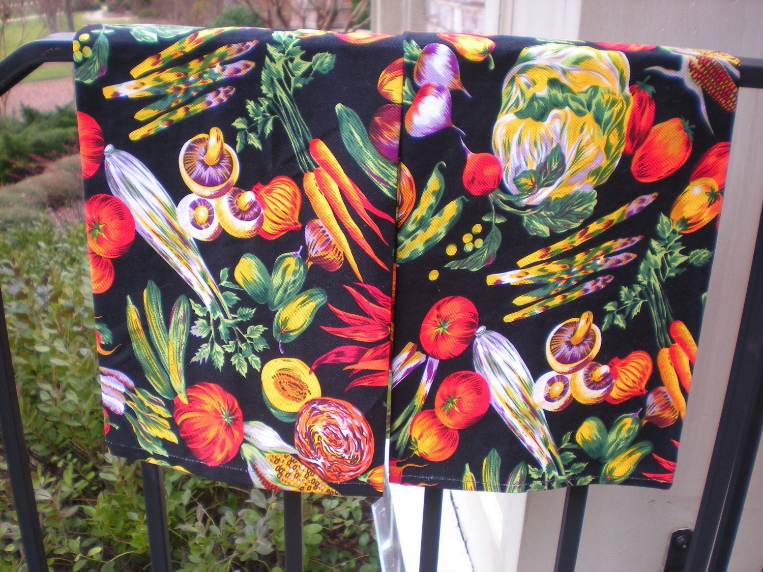 pair of Tea Towels black with veggies kitchen hand towel made in the usa