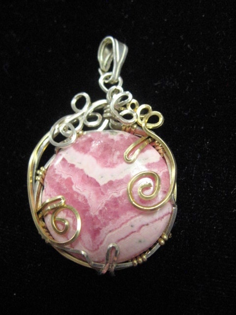 Wire wrap Rhodocrosite Pendant wrapped in 14K GF & SS wire