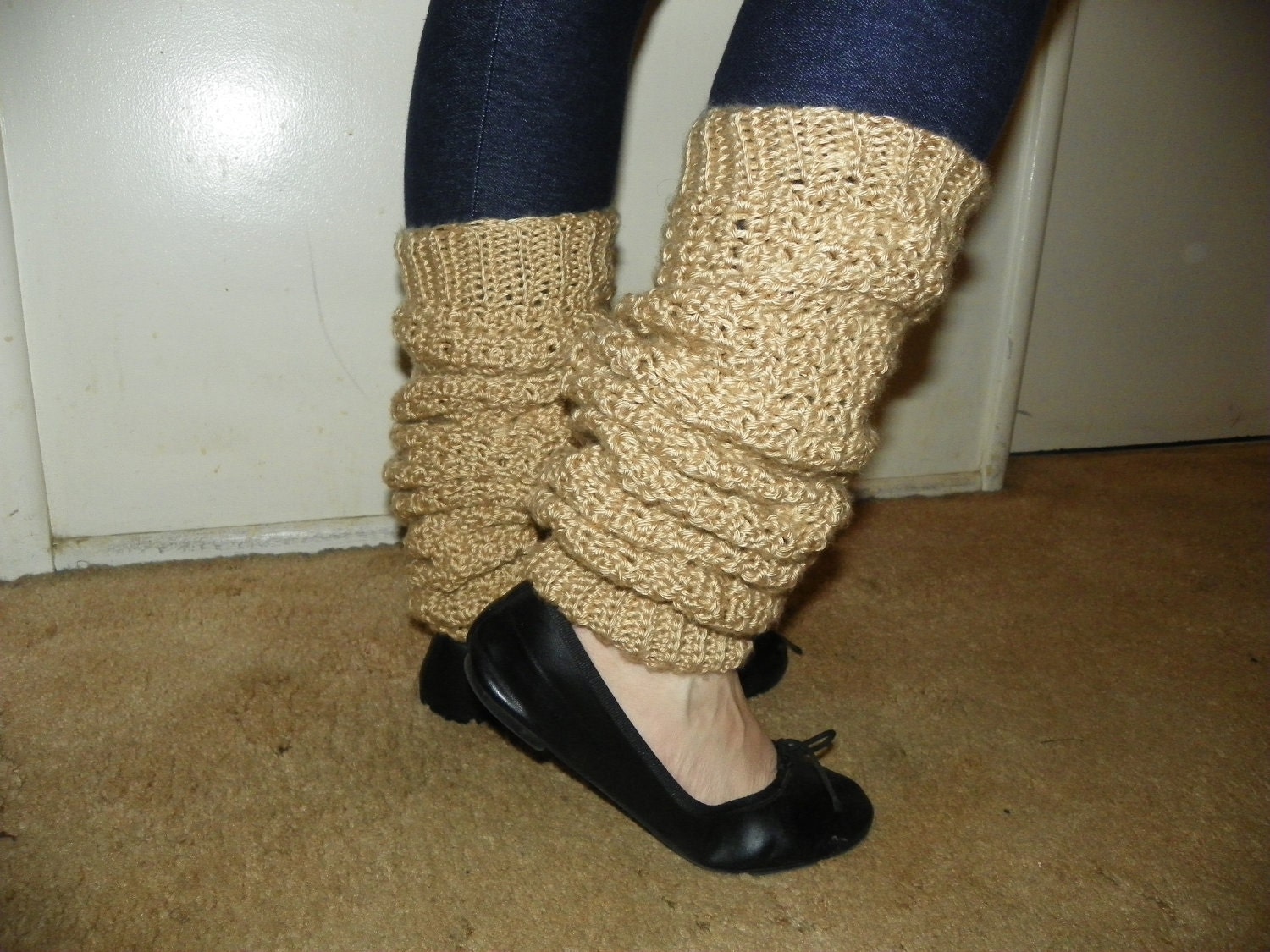 Oatmeal Beige Leg Warmers Over the Knee Popular Style Hand Crochet