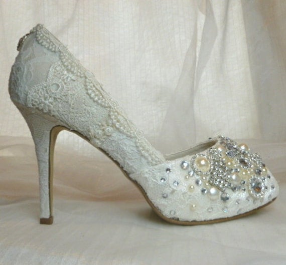 Twinkly Peeptoes Wedding shoes...vintage lace, with toes encrusted with Swarovski crystals, glass and pearl