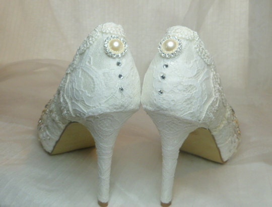 Twinkly Peeptoes Wedding shoes...vintage lace, with toes encrusted with Swarovski crystals, glass and pearl