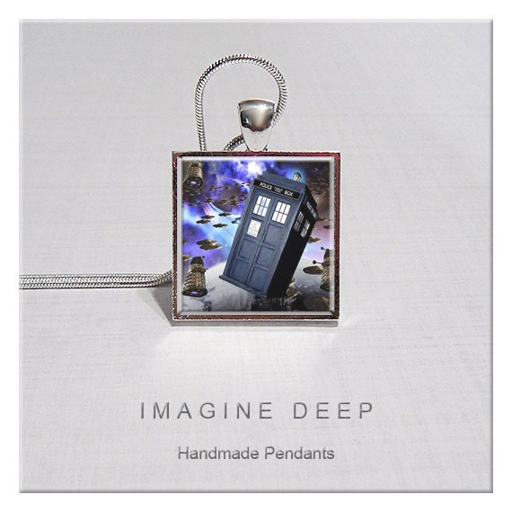 Pendant - Doctor Who Tardis - High Quality Handmade Pendant - Tardis and Daleks in Space (0060)