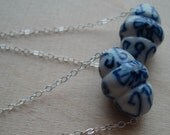 Sterling Silver Earrings Oblong Blue  White Porcelain Beads Dangle Sterling Silver Post Chain Simple Flowers