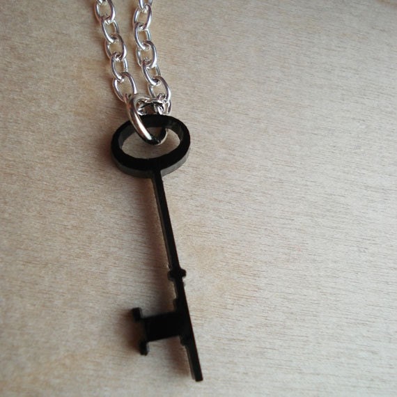 Key Neckalce Key to My Heart Delicate Black Acrylic Skeleton Key Charm  Silver Plated Chain Small Tiny Delicate Laser Cut Silhouette