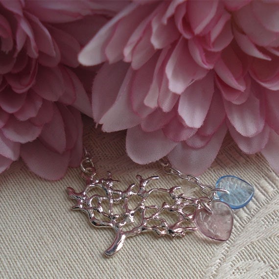 Tree Charm Necklace Silver Forest  Blue Pink Leaf Shaped Glass Beads Pale Colors Soft Pastels Dreamy Pink Baby Blue Silhouette