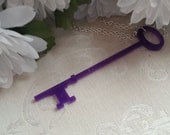 Key Necklace Large Bright Vibrant Purple Skeleton Key  Necklace Acrylic Charm Silver Plated Chain