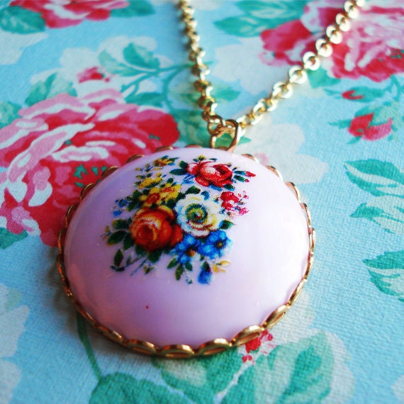 Vintage Cabochon Necklace Nostalgic Posy  Pale Lavender  Acrylic Floral Cabochon  Gold Plated Chain Red Roses Blue Flowers Lilac, Floral