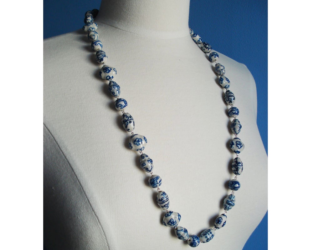 Beaded Necklace Classic Blue White Porcelain Bead Necklace Timeless Simple Elegant Contrasting Colors Bright Blue Long