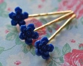 Flower Bobby Pins Flowers Something Blue Gold Plated Delicate Cabs Set Three  Bridesmaid Flower Girls Blue Blossoms