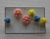 Earring Set Flowers Floral Three White Pink Green Yellow Daisy Rose Spring Bridesmaids Gift Set Mothers Day  Dainty Delicate