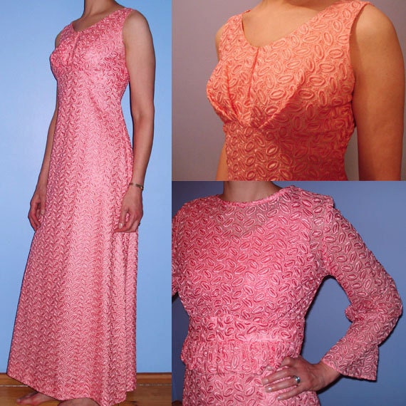 1970s Dress Jacket Suit Set Pink Lace Floor Length Maxi 70s 70 Mother of the Bride Bridesmaid Wedding Formal Occasion Elegant Prom Grad