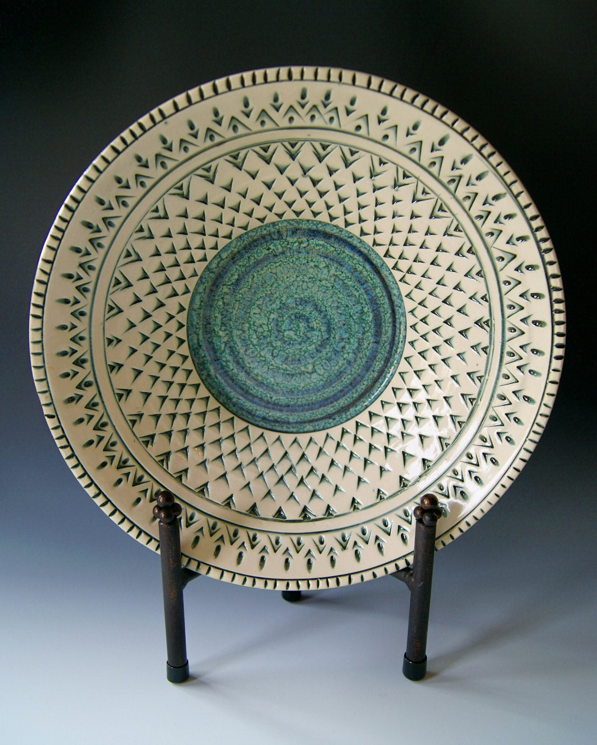 Ceramic Serving Bowl, Handmade Wheel-Thrown Stoneware, Blue Balck White by RiverStone Pottery