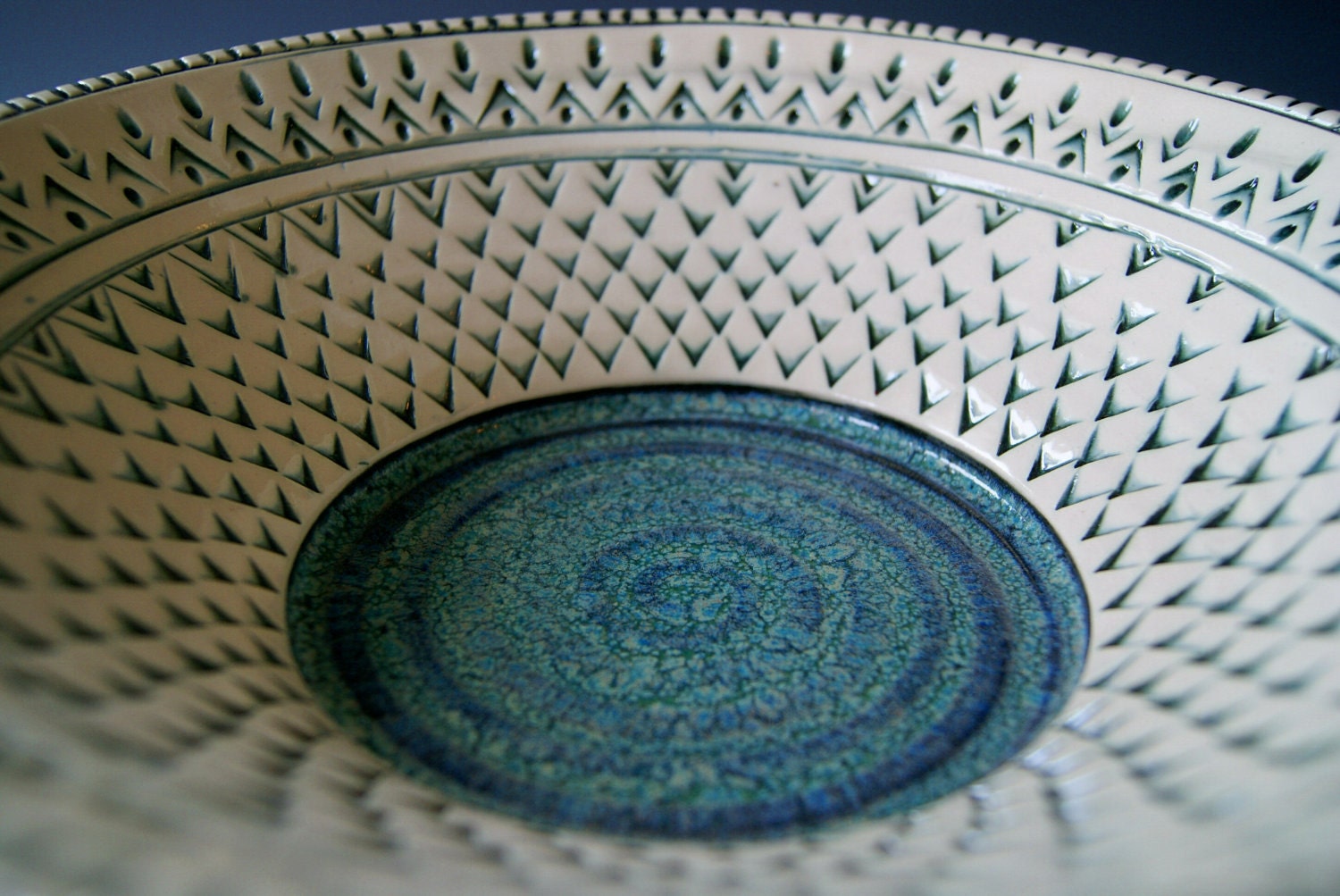 Ceramic Serving Bowl, Handmade Wheel-Thrown Stoneware, Blue Balck White by RiverStone Pottery