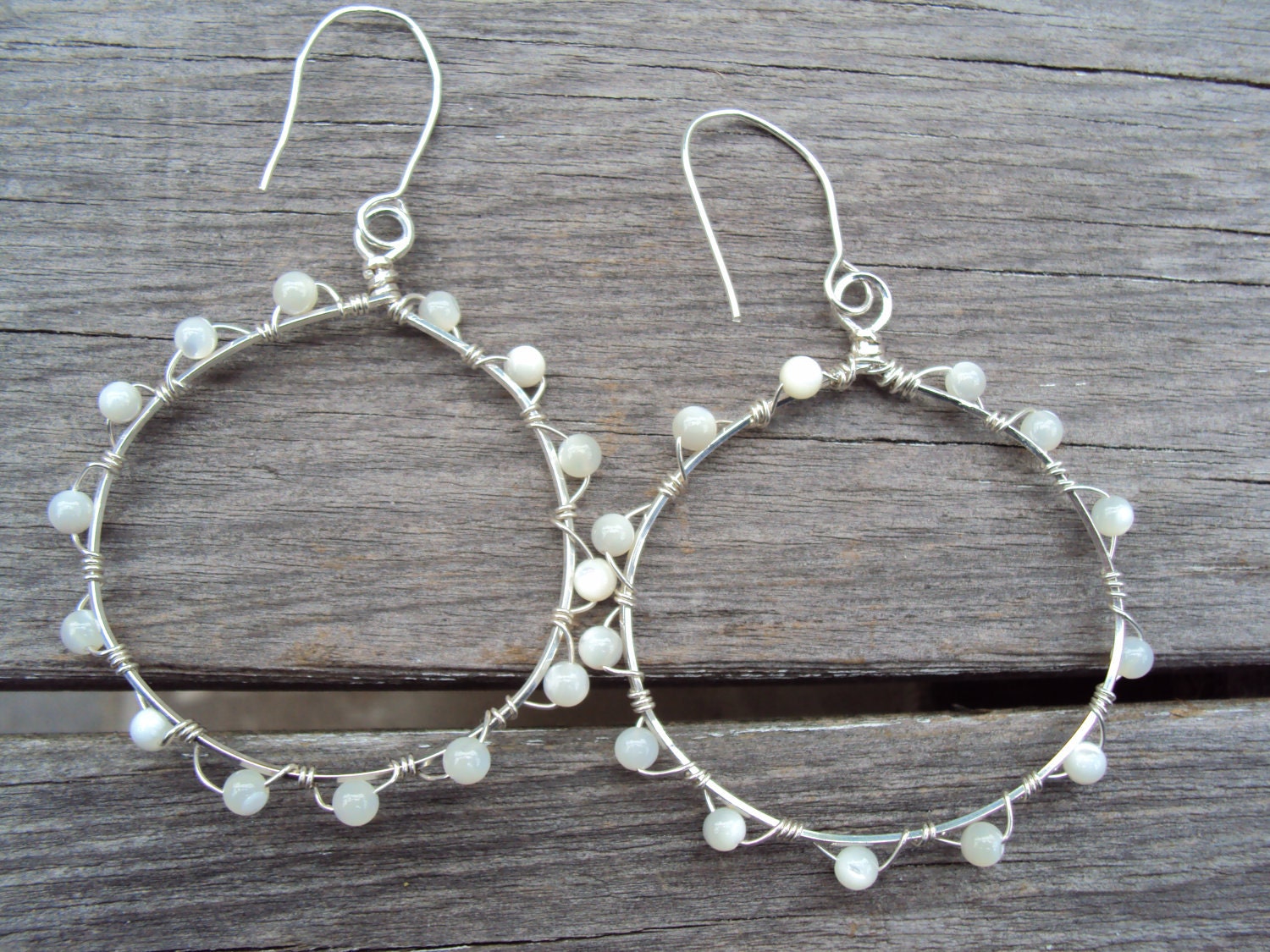 sterling silver BEADED HOOP EARRINGS white mother of pearl shell beads wire wrapped boho chic fashion jewelry