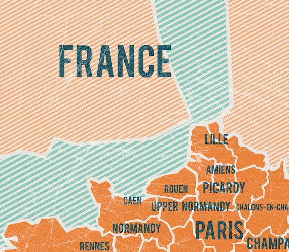 Personalized Map of France in Orange- Vintage style print 11x17