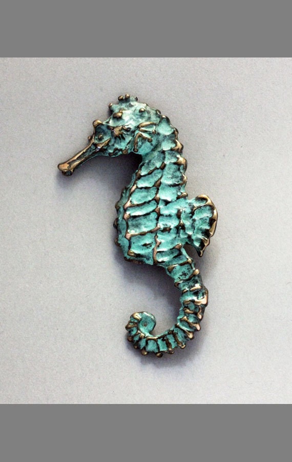 Seahorse Brooch Copper blue green Verdigris