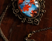 Antique Brass Chain Vintage Oval Glass Charm Necklace. Art Pendant Necklace: "Red Leaves" 30mm x 40mm
