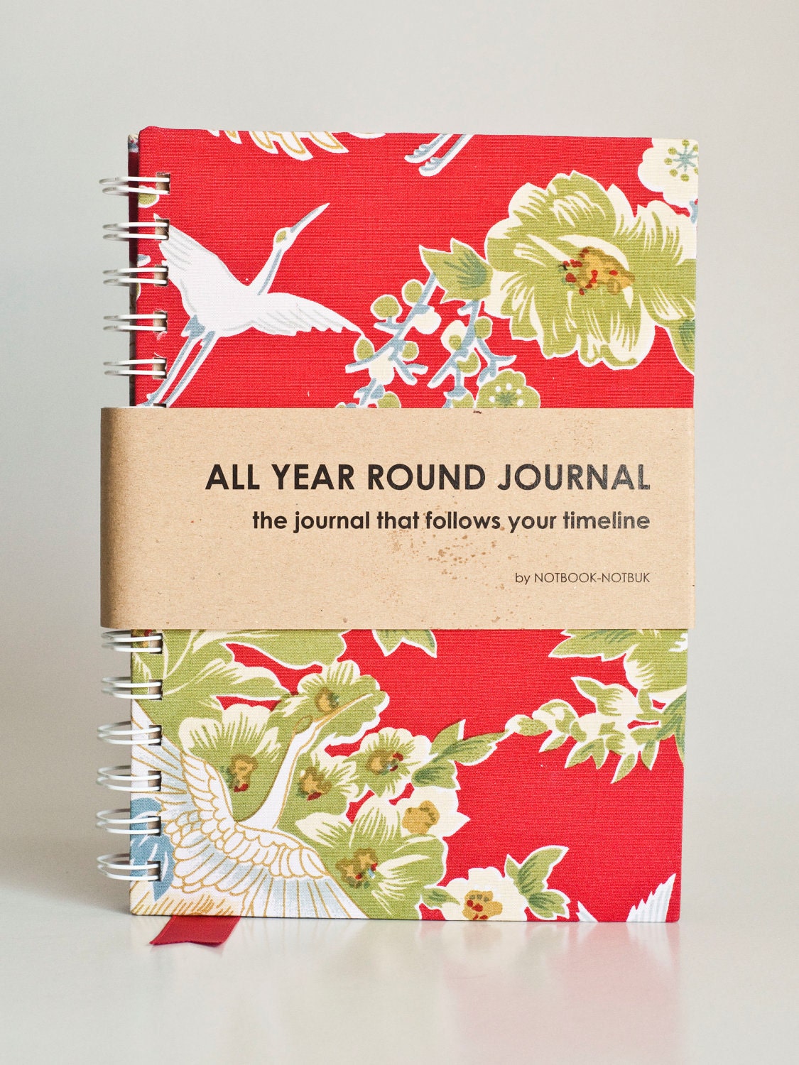 All Year Round Timeless Journal (Self filled dates, months & years, fabric wrapped) - Red Japanese Flying Phoenix