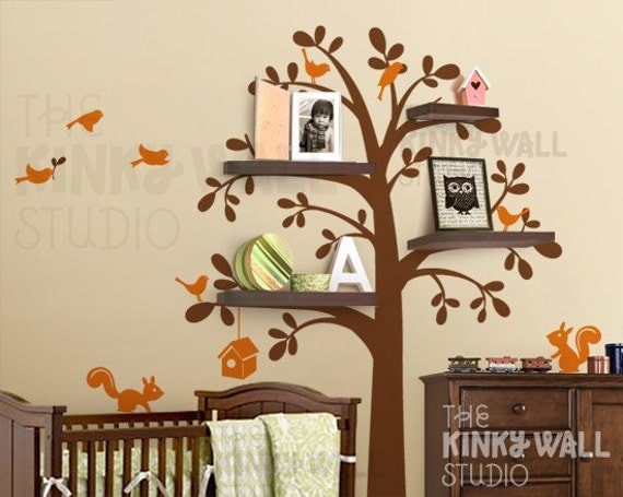 Kids Wall Decal Wall Sticker tree decal Vinyl decal  - Shelving Tree with animal - Nursery Decal- KK125