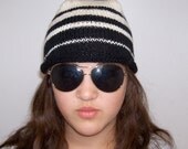Black and winter white striped superwash wool beanie