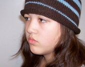 Dark chocolate brown & light blue knitted wool beanie