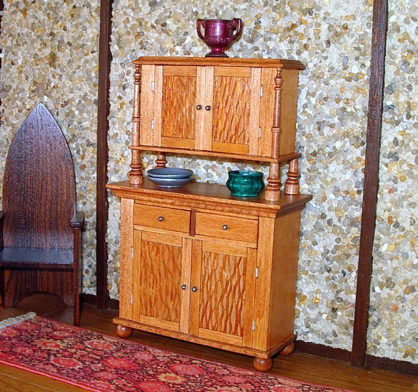 Court Cupboard, Tudor, Mahogany Finish, Dollhouse Miniature 1/12 Scale