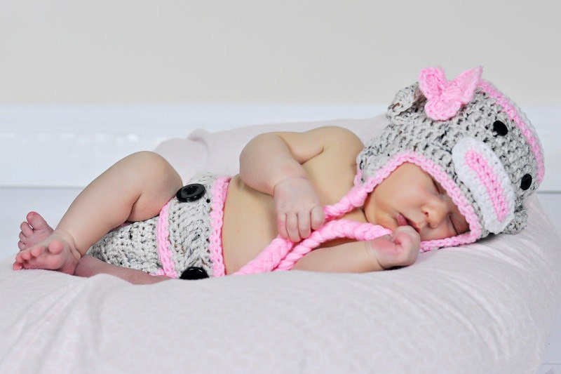 Girly Crochet Sock Monkey Hat and Diaper Cover SET