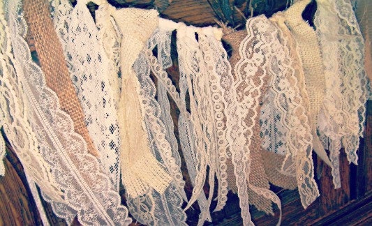 Burlap and Lace Garland, 3 feet, ivory, white, cream and tan.