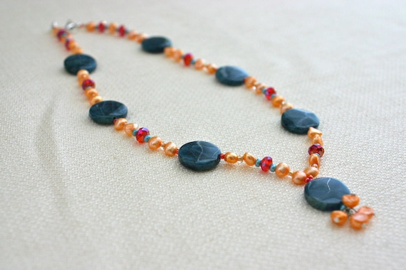 Photo: Teal Blue and Peach Gemstone and Pearl Necklace - Apatite, Freshwater pearl, Crimson, Coral, Turquoise, Deep Sea Blue by andreaturinijewelry