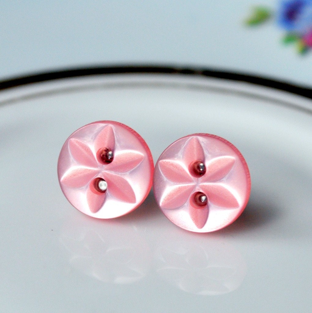 Button Earrings - Light Pink Star Motif on Surgical Steel Posts. Hypoallergenic.
