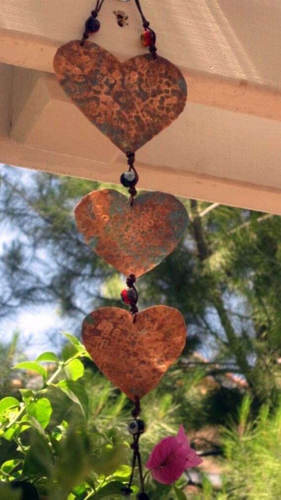 Hammered Copper Heart PERSONALIZED Available Hanging Art with Glass bead Accents Whimsical - jodybrimhall