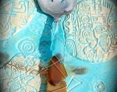 Sea Glass Slotted Serving Spoon made with Recycled Bottle "Tumbled Island Glass"  in Oyster Bay color combo. Dishwasher Safe Stainless
