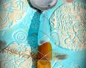 Sea Glass Serving Spoon made with Recycled Bottle "Tumbled Island Glass"  in Oyster Bay color combo. Dishwasher Safe. Stainless Steel.