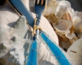 Sea Glass Appetizer Set made with Recycled Bottle "Tumbled Island Glass"  in Turquoise. Dishwasher Safe Stainless Steel
