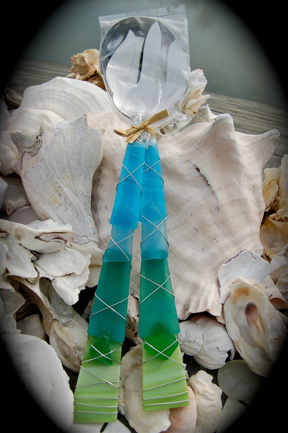 Sea Glass Salad Server made with Recycled Bottle "Tumbled Island Glass"  in Caribbean (Turquoise, Teal, & Lime Green). Dishwasher safe