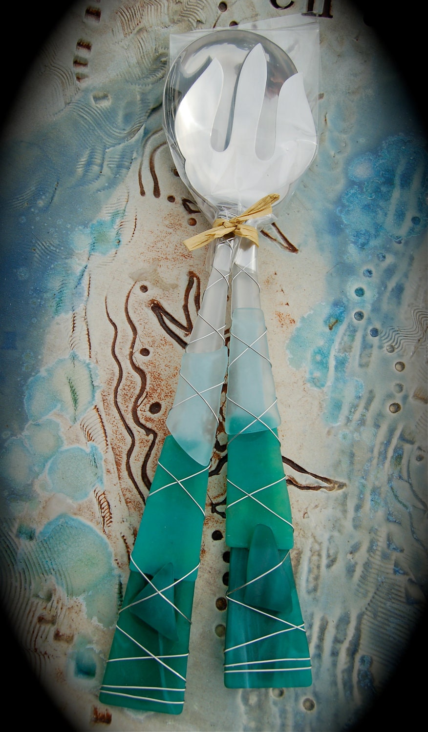 Sea Glass Salad Server made with Recycled Bottle "Tumbled Island Glass"  in Sea Foam Green & Teal. Dishwasher safe