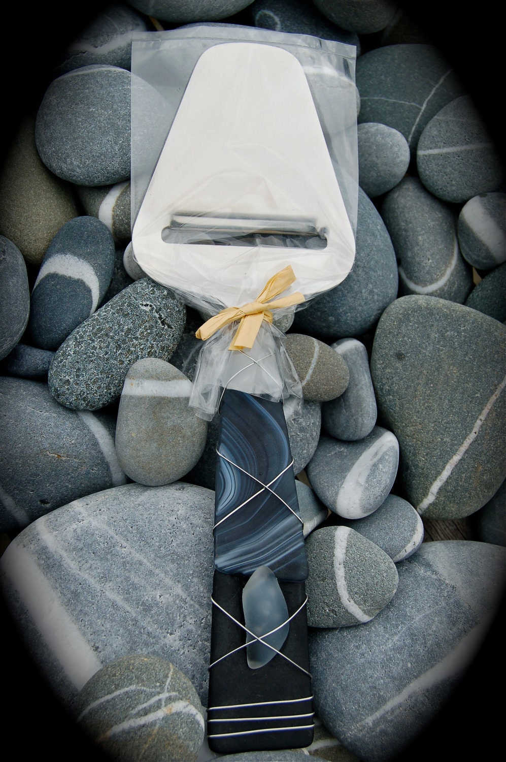 Sea Glass Cheese Plane Server made with Recycled Bottle "Tumbled Island Glass" in Black & White Stripes. Dishwasher Safe Stainless Steel.