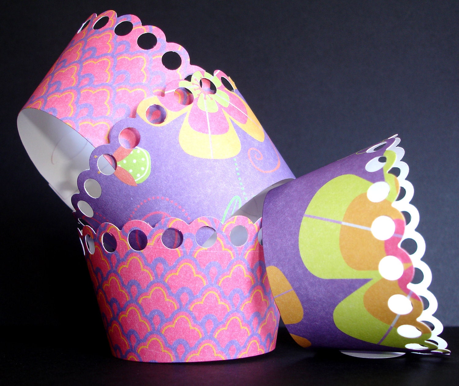12 Tropical Delight Cupcake Wrapprers....holder, flower, purple, hot pink, orange, green, yellow, summer, girl, party, birthday