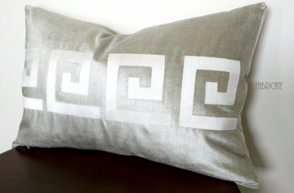 LAST ONE Greek Key silver velvet and Ivory silk- Pillow Cover