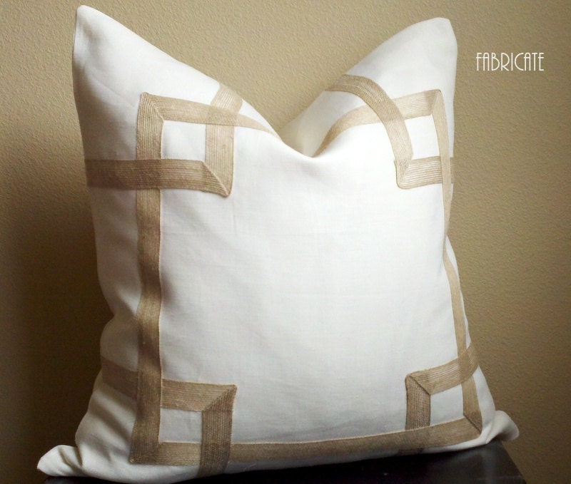 Greek Key Fretwork Ivory Linen with Jute- 20" Pillow Cover