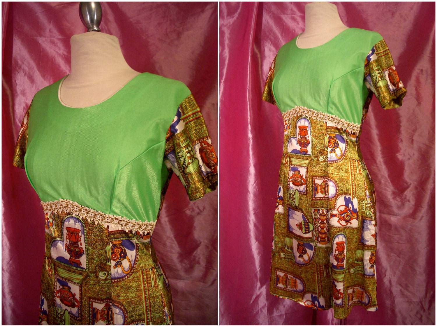 Vintage 1960s Mini Dress - Sgt Peppers Vase Print Slinky Lined Mini - Metal Zip - Psychadelic - For Size Small to Medium Mod Molls