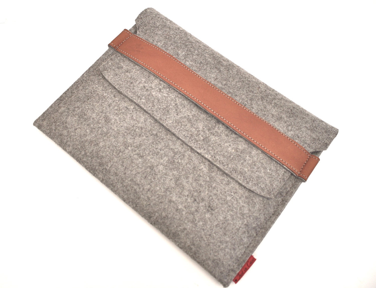 iPad Wool Felt Sleeve/Case in Granite with Leather Strap