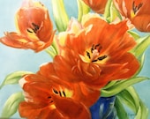Tulips painting on ceramic tile still life original art  "Tulips in the morning light"