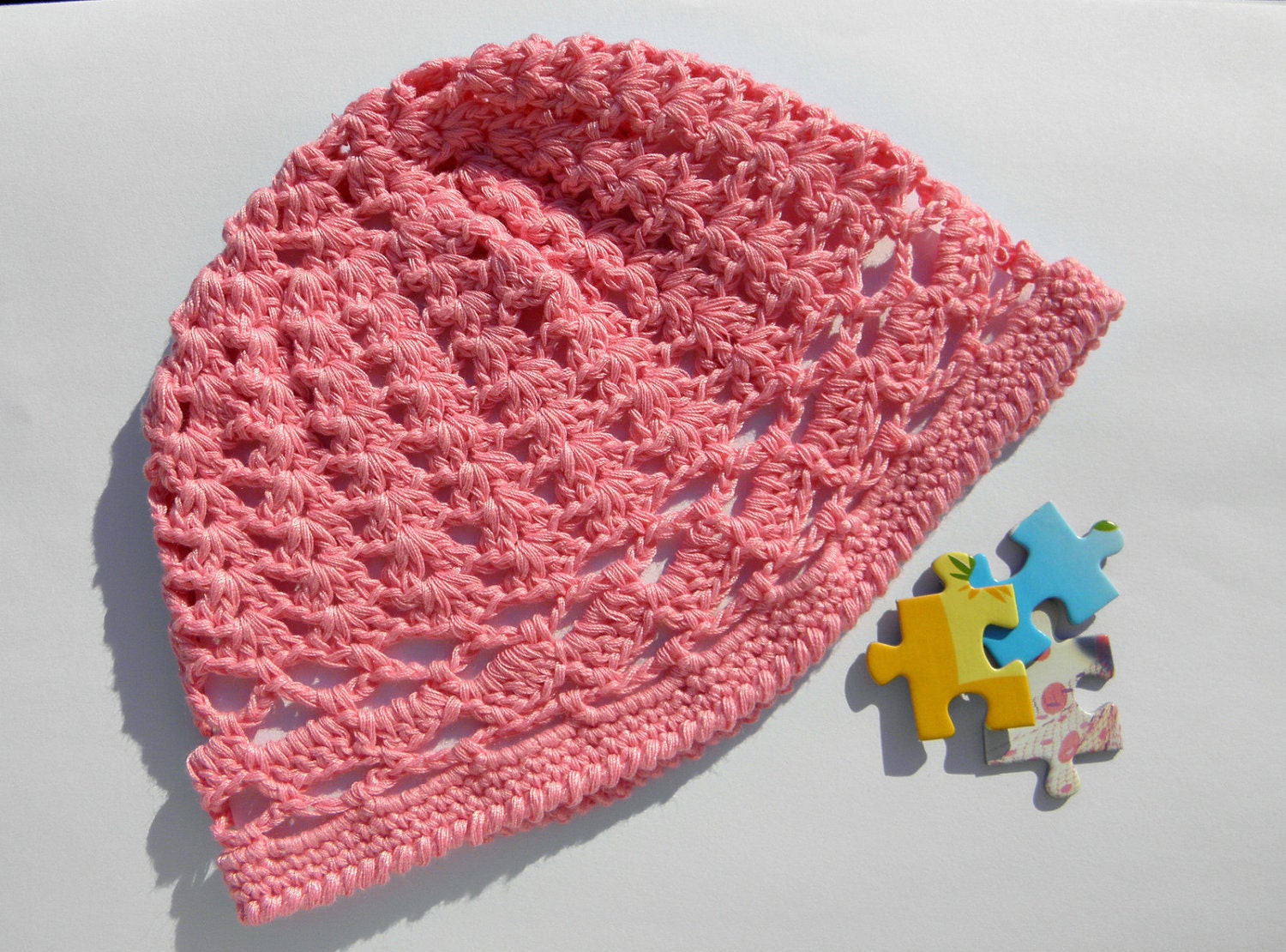 Baby hat / beanie - pink rose girl cap - organic cotton - crochet