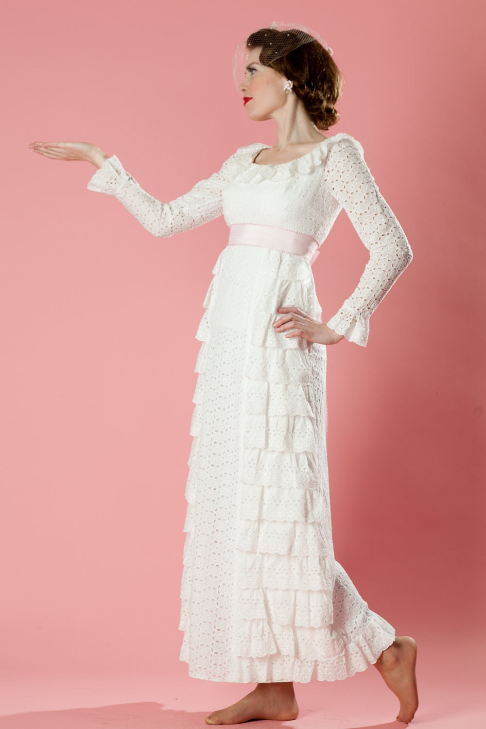 Vintage 1960s Emma Domb Wedding Dress White Eyelet Cupcake Spring Bridal Fashions 1970s